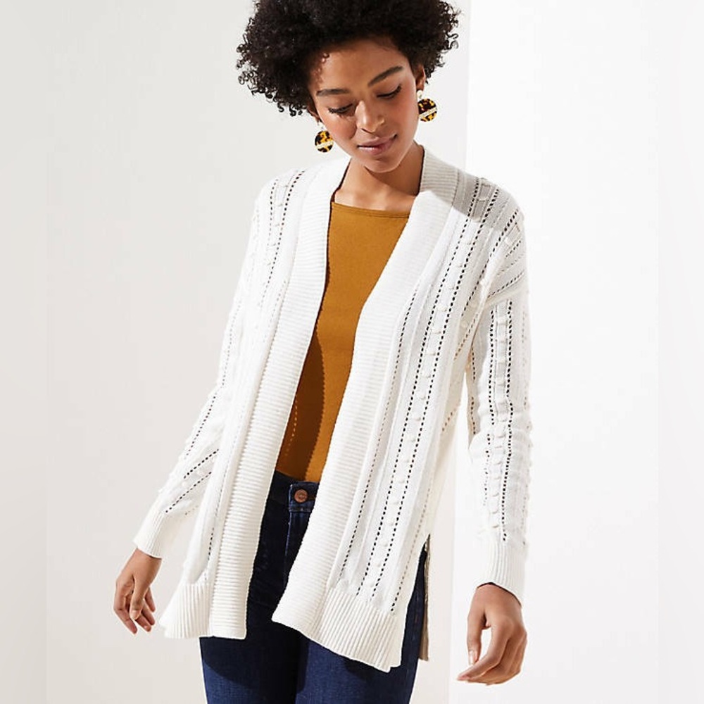 LOFT Whisper White 100% Cotton Bobble Open Cardigan NWT Size Small